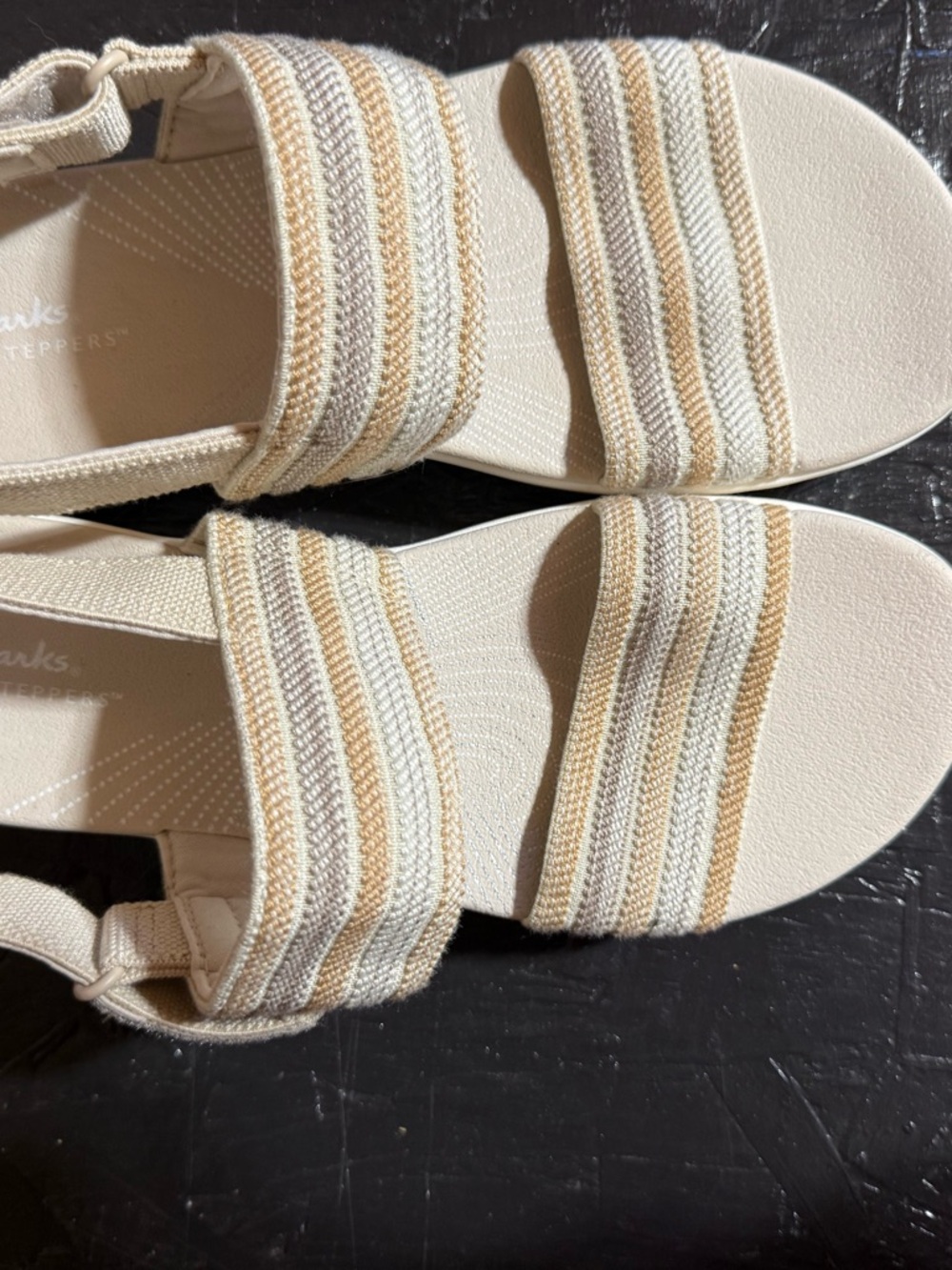 Clarks Women's Cream and Tan Striped Elastic Strap Sandals